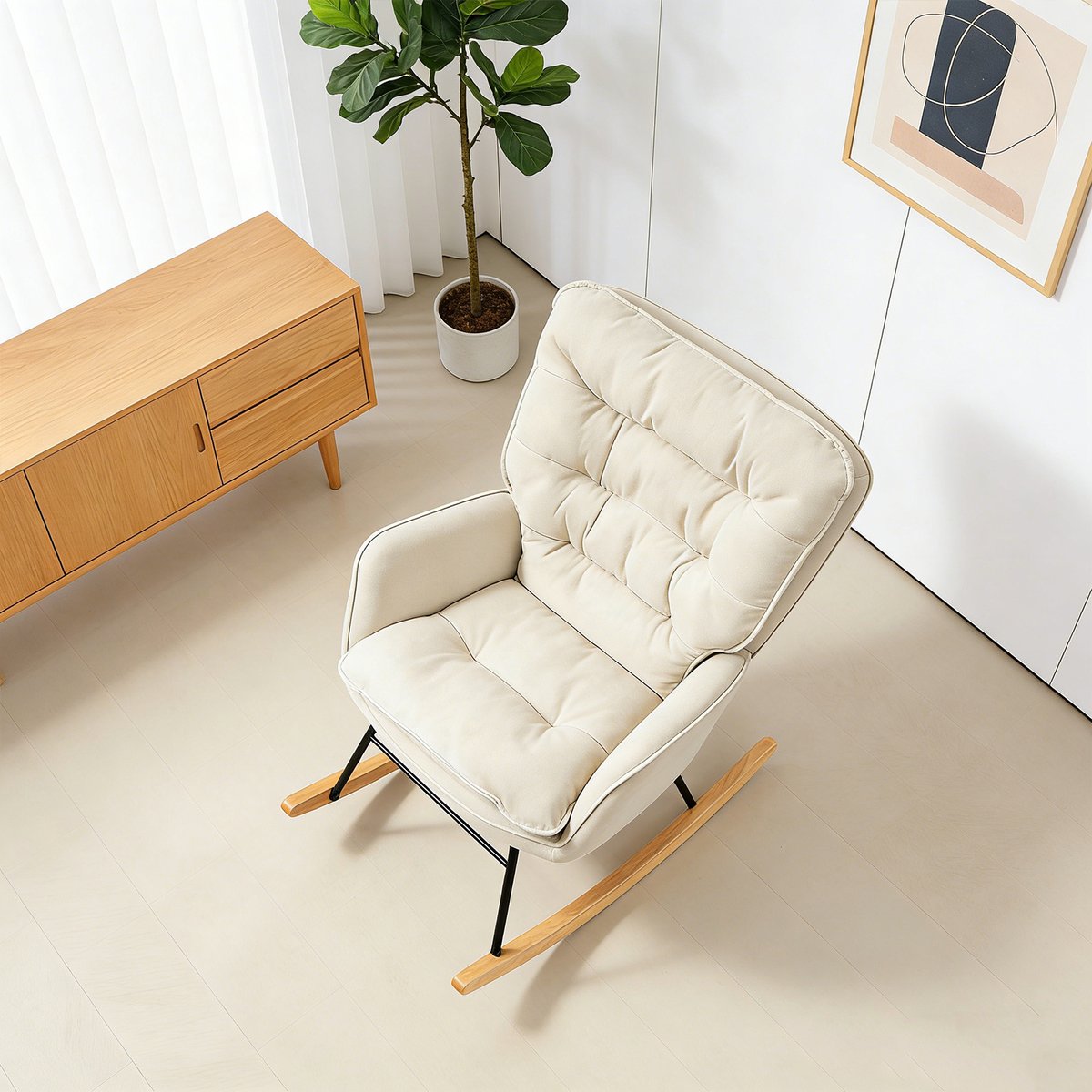 Fauteuil à bascule tissu chenille style scandinave, NEWFUNKELC beige, MEUBLES COSY