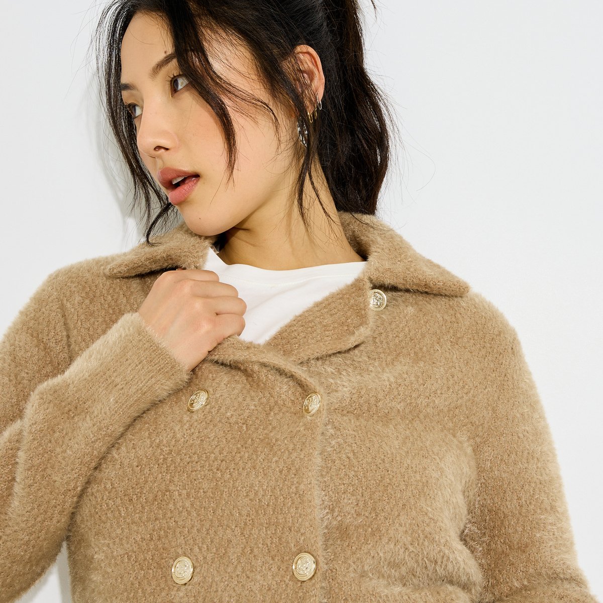 Gilet fluffy double boutonnage marron camel, GRAIN DE MALICE