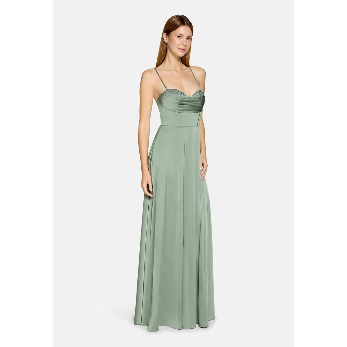 Robe de soirée à encolure bénitier foggy green, VERA MONT