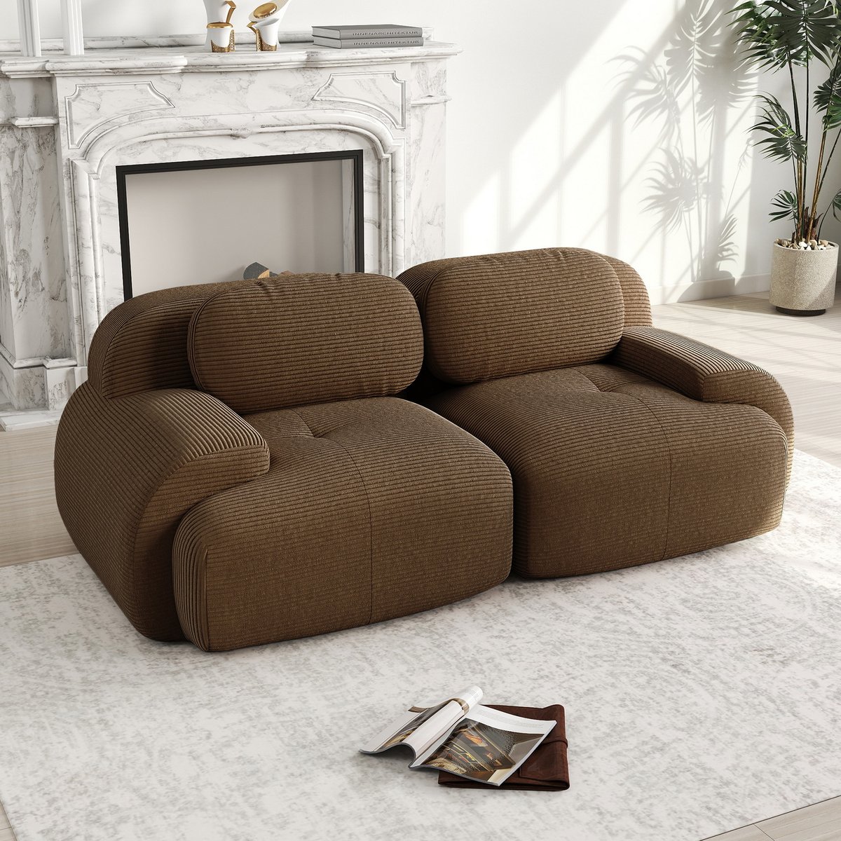 Canapé droit 2 places en velours côtelé design moderne, SNOW marron, MEUBLES COSY