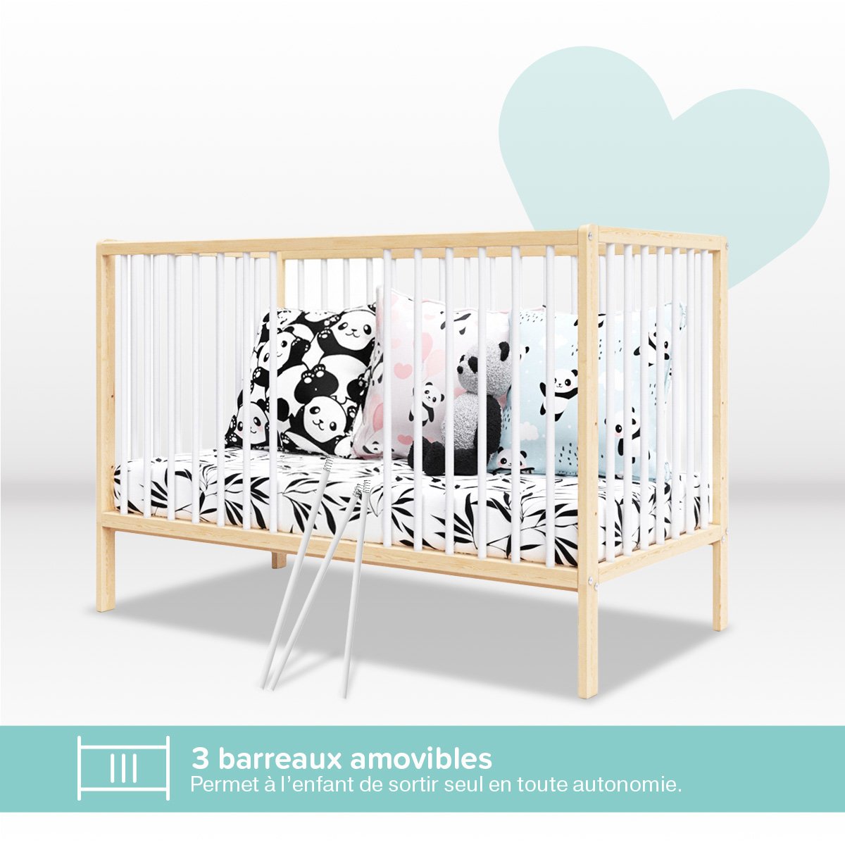Lit bébé évolutif Mathis - De la naissance à 3 ans blanc et bois, MINEA