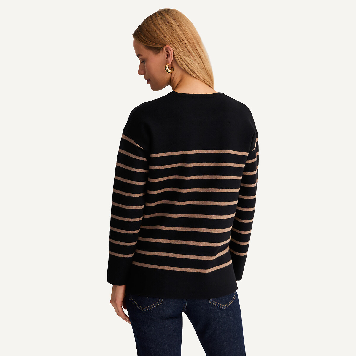 Striped Crew Neck Jumper in Fine Knit beige/black striped, ANNE WEYBURN