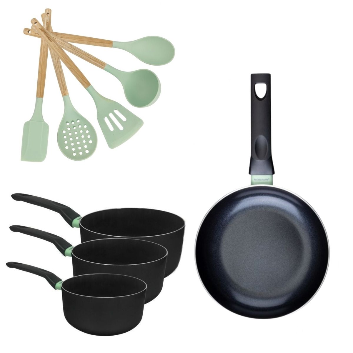 Batterie 1 poêle 16cm + 3 casseroles 16/18/20cm BRANDAO OCÉAN noir|vert, FACKELMANN