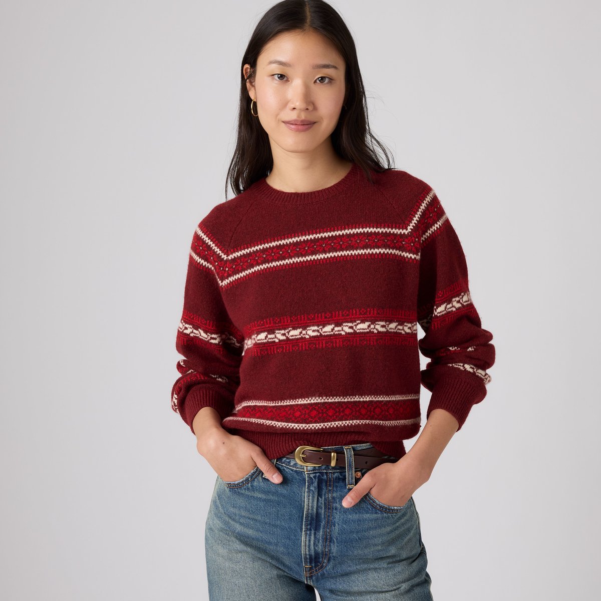 Pull col rond jacquard Jolie rouge - coralie fairisle v7 warm cabernet, LEVI'S