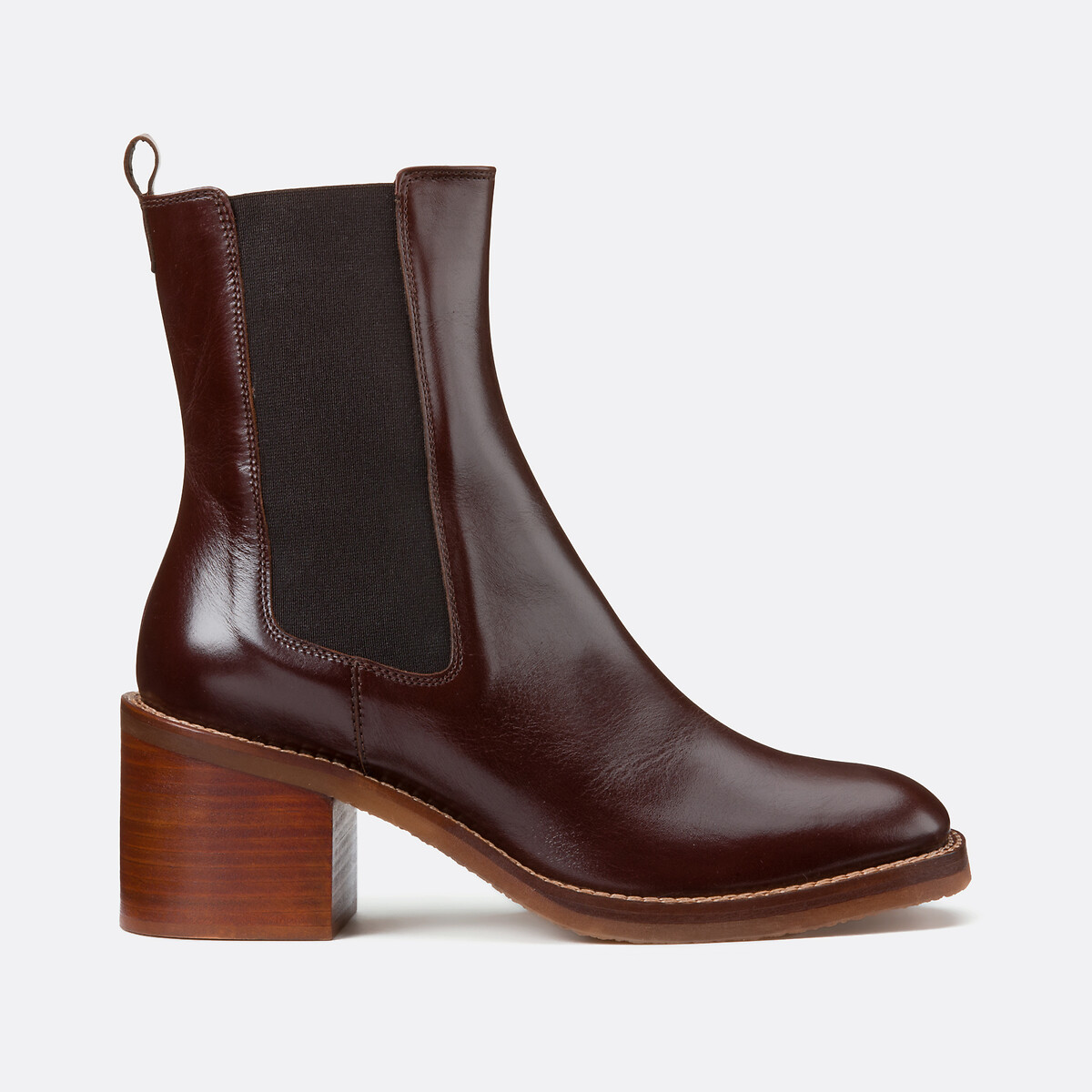 Boots chelsea en cuir à talon large marron, LA REDOUTE COLLECTIONS