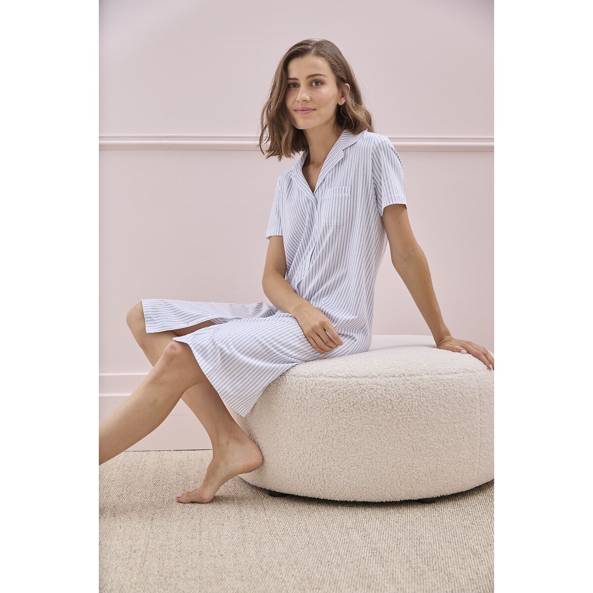 Chemise de nuit, manches courtes, en coton bleu rayé, DAMART