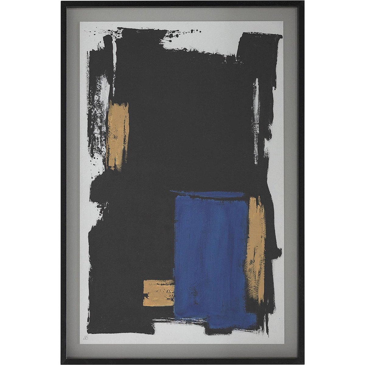 Tableau abstrait verre et bois doré noir, doré et bleu, RECOLLECTION