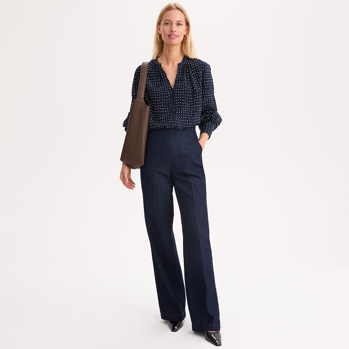 Polka Dot Viscose V-Neck Long Sleeve Blouse printed pea navy blue background, ANNE WEYBURN