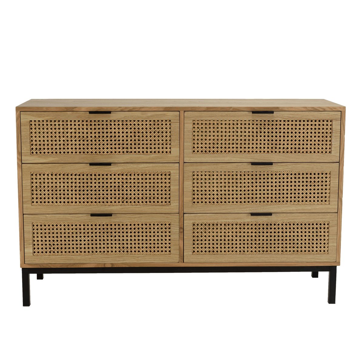 Commode 6 tiroirs bois clair et rotin pieds métal PALMA bois naturel, PIER IMPORT