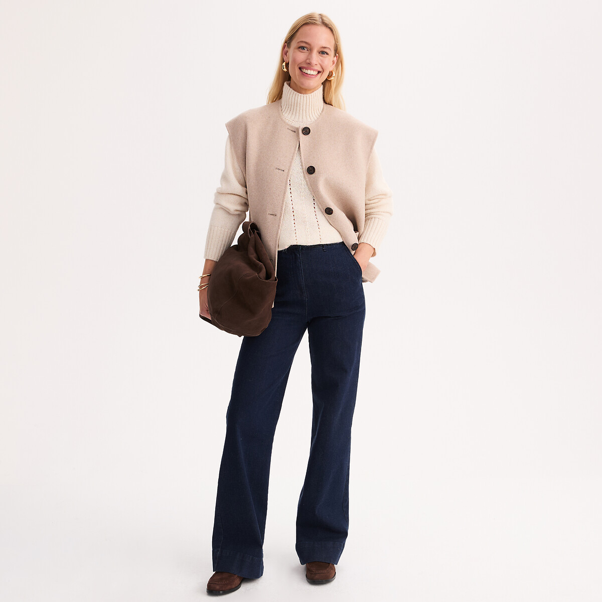 Veste sans manches, en drap de laine, coupe oversize beige clair chiné, ANNE WEYBURN