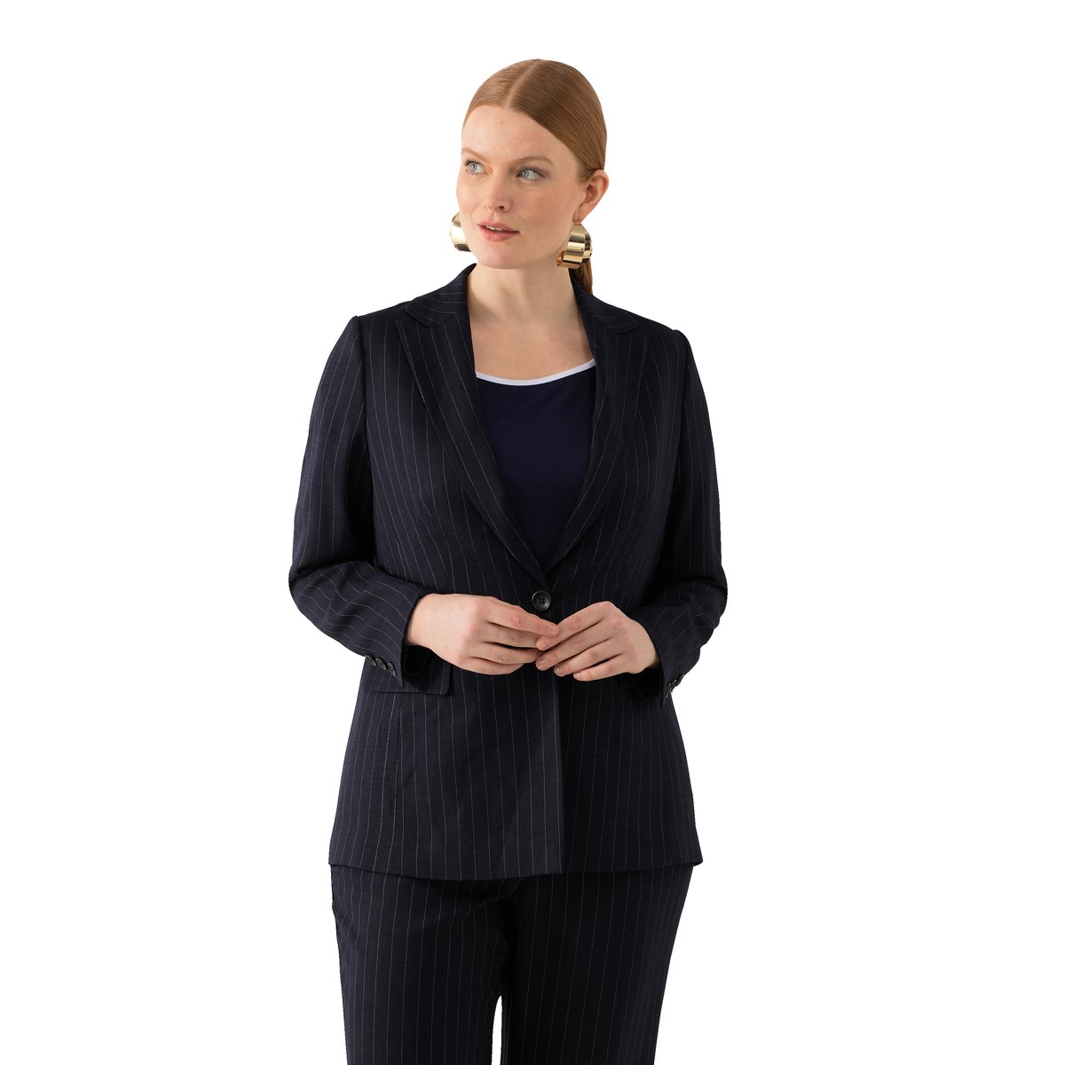Blazer, rayures fines, col à revers marine, ULLA POPKEN