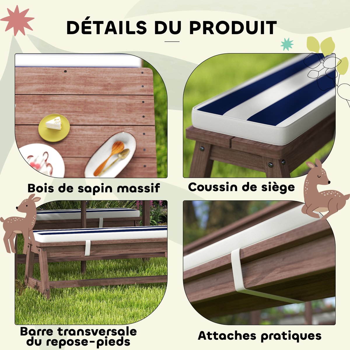 Ensemble de table et chaises de jardin pour marron, bleu et blanc, AIYAPLAY