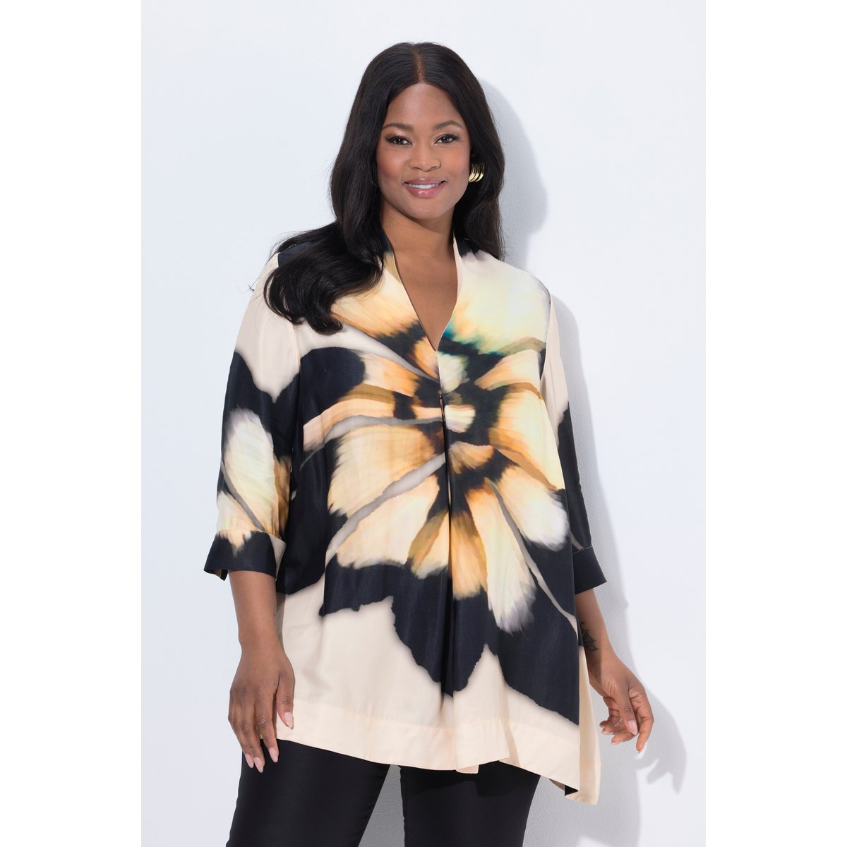 Tunique en satin à imprimé floral noir, ULLA POPKEN