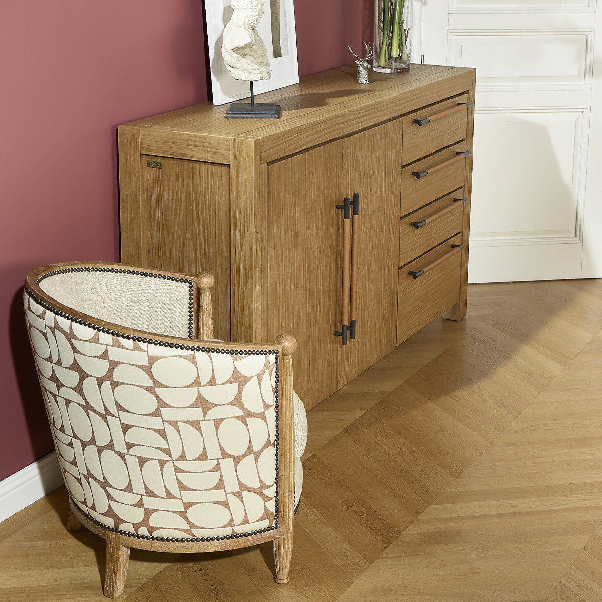 Fauteuil tonneau en chêne, lin et tissu édition limitée CAROLE lin, ROBIN DES BOIS