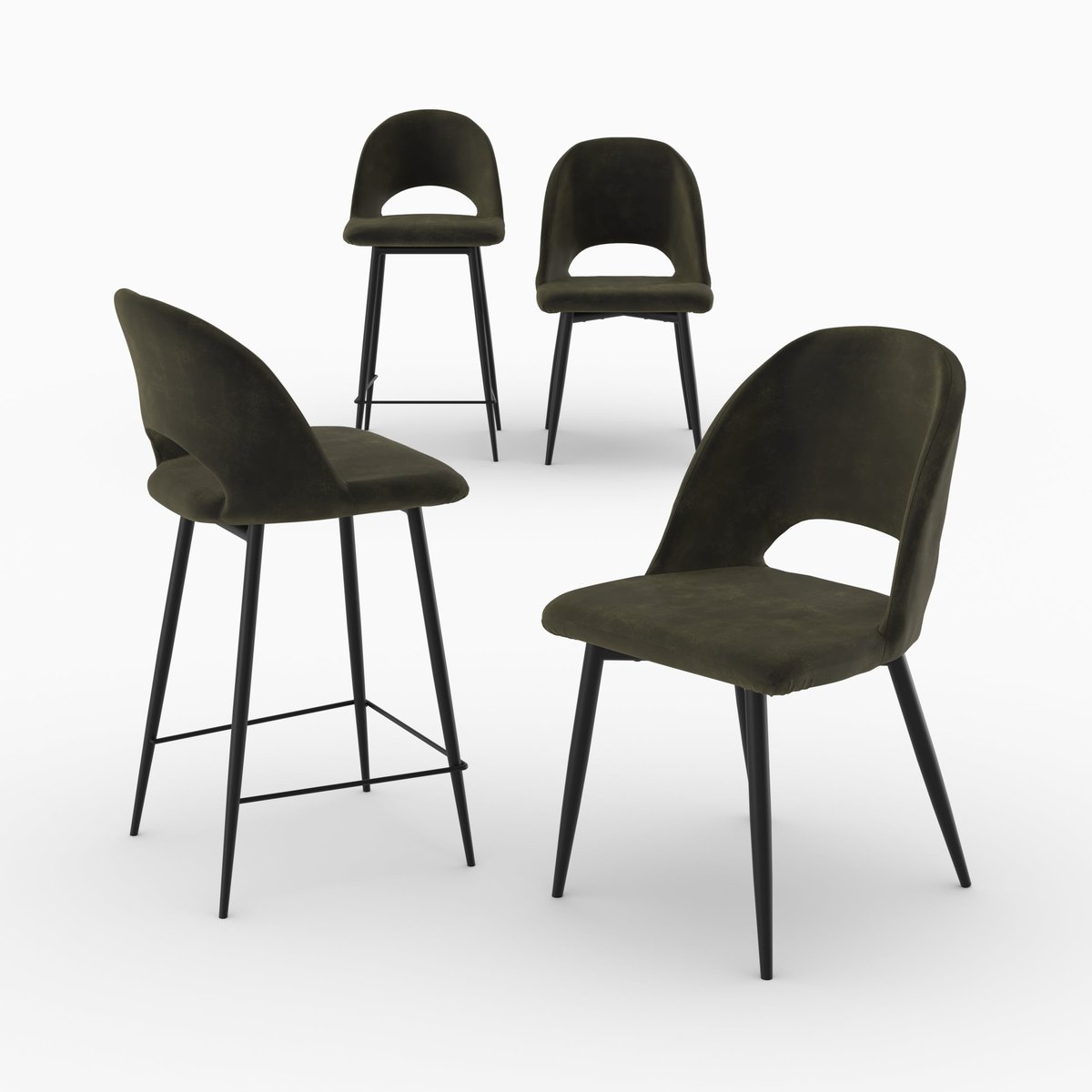 Pack 2 chaises et 2 chaises de bar 65 cm en velours - PÉNÉLOPE vert sapin, MAISON PAVANE