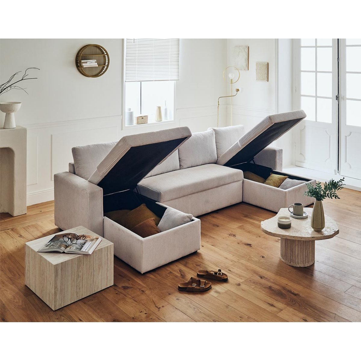 Canapé panoramique convertible 7 places, CYRUS beige, BEST MOBILIER