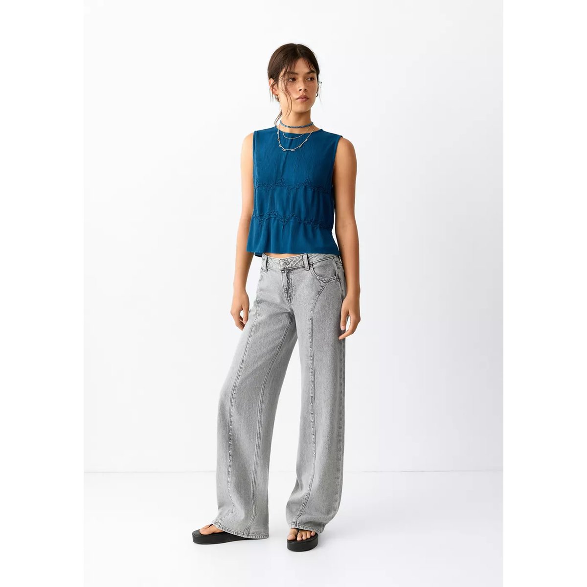 Jean wide leg coutures et clous gris denim, MANGO TEEN