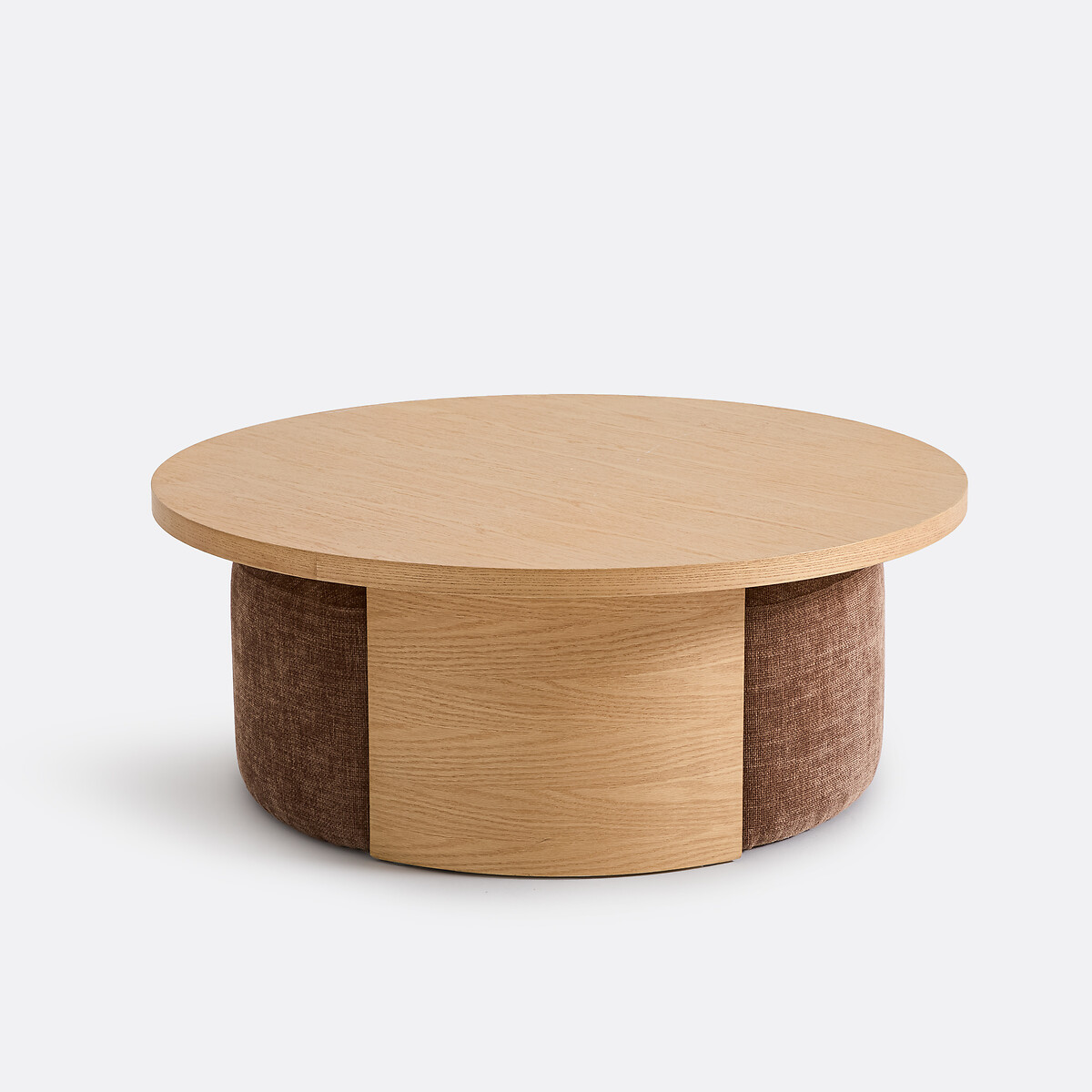 Table basse ronde en placage chêne, et ses 2 poufs, JEN coloris chêne, LA REDOUTE INTERIEURS