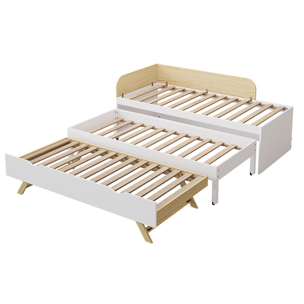 Lit gigogne 3 places Bois massif NOHA blanc, AKITEN RETAIL