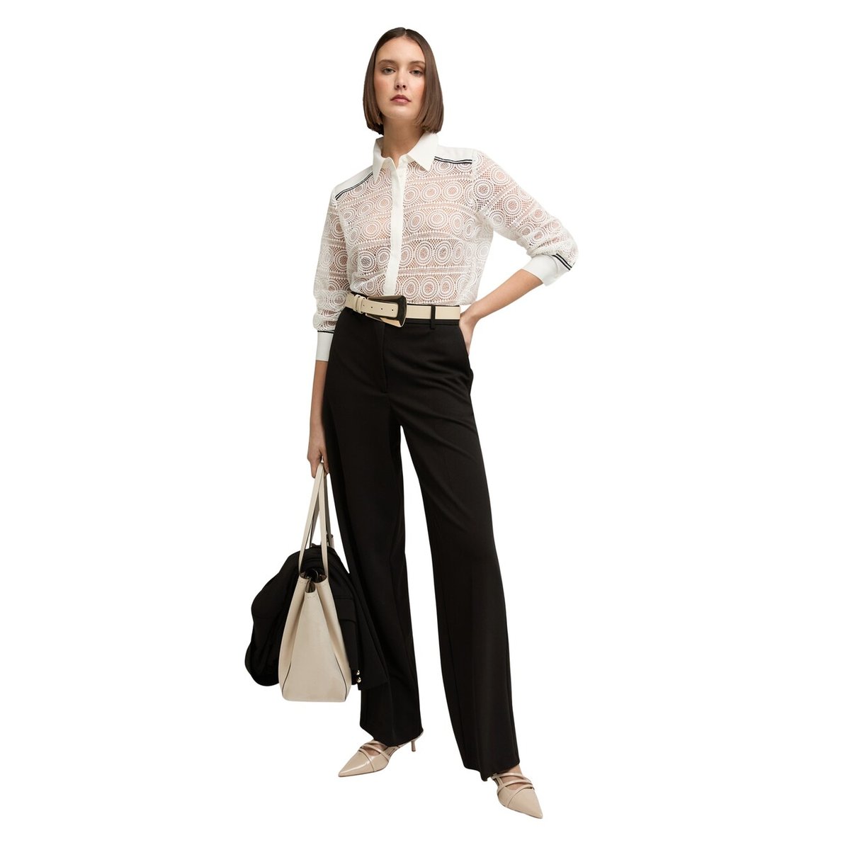 Chemise en dentelle macramé avec bandes contrastées blanc, MOTIVI