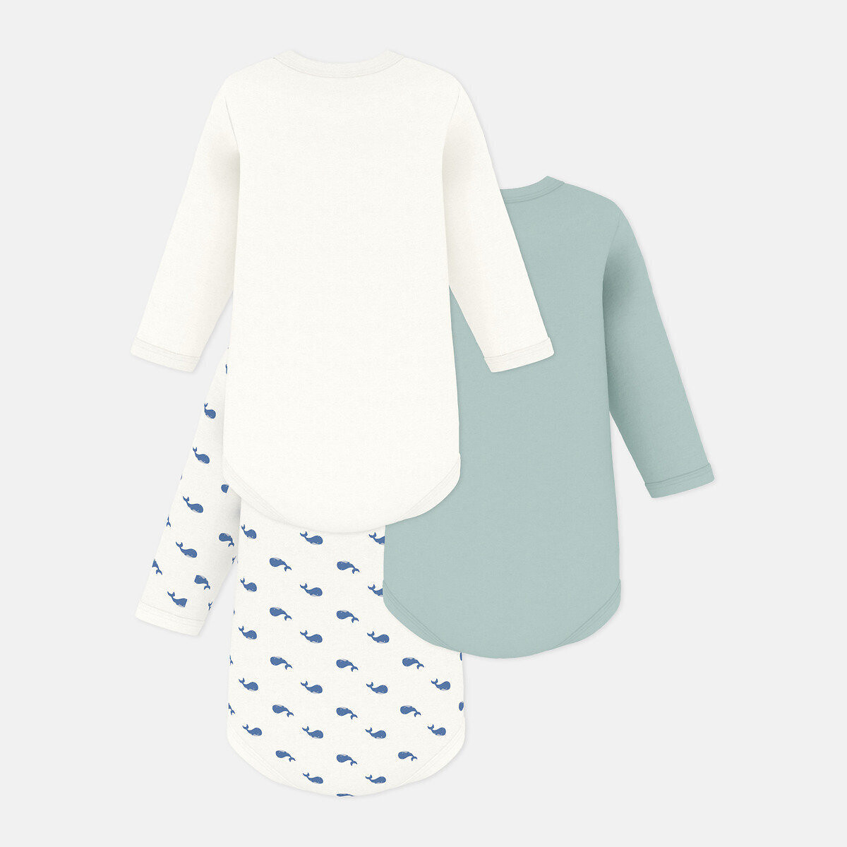 Confezione da 3 body maniche lunghe bianco + verde, PETIT BATEAU