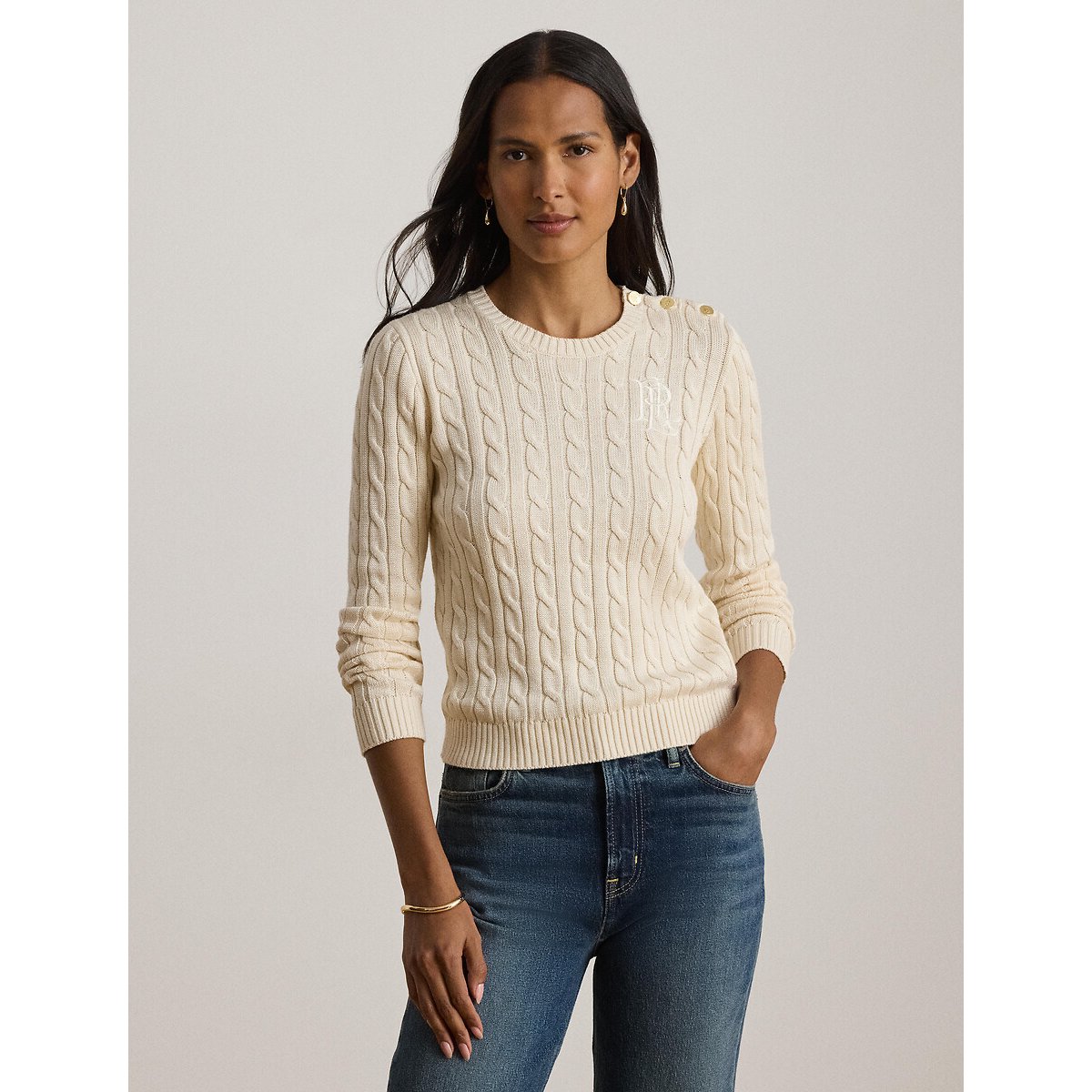 Pull col rond torsadé à boutons épaules crème, LAUREN RALPH LAUREN