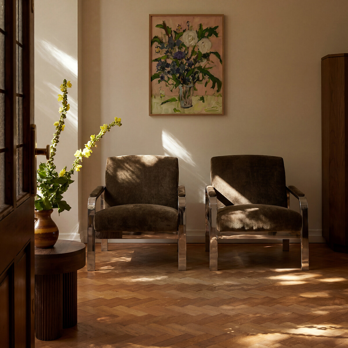 Zenny Chenille Chrome Frame Armchair khaki, ÉDITÉ