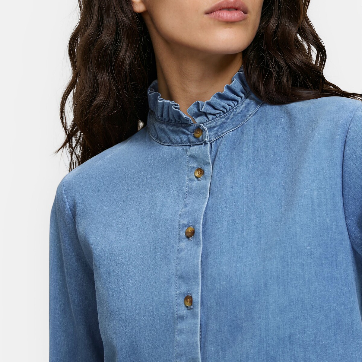 Chemise en denim col victorien avec volant double stone, LA REDOUTE COLLECTIONS