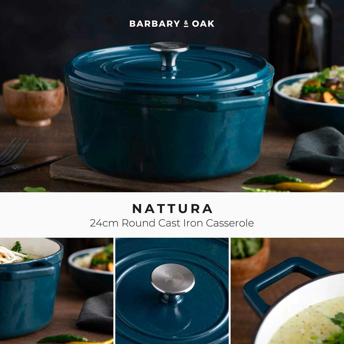 24cm Nattura Round Cast Iron Casserole Dish teal, BARBARY & OAK
