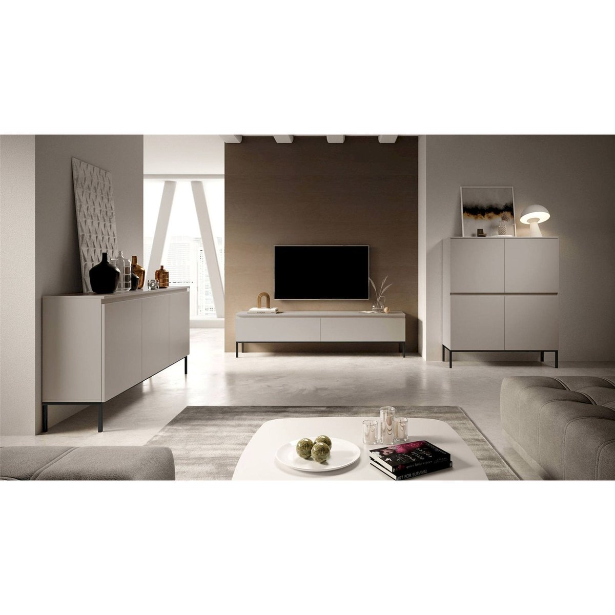 Buffet 3 portes bois collection BEMMI cachemire avec pieds noirs, RECOLLECTION
