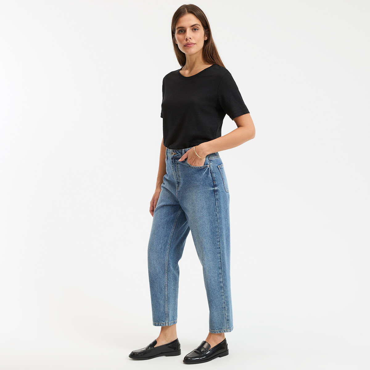 Linen Crew Neck T-Shirt with Short Sleeves black, LA REDOUTE COLLECTIONS