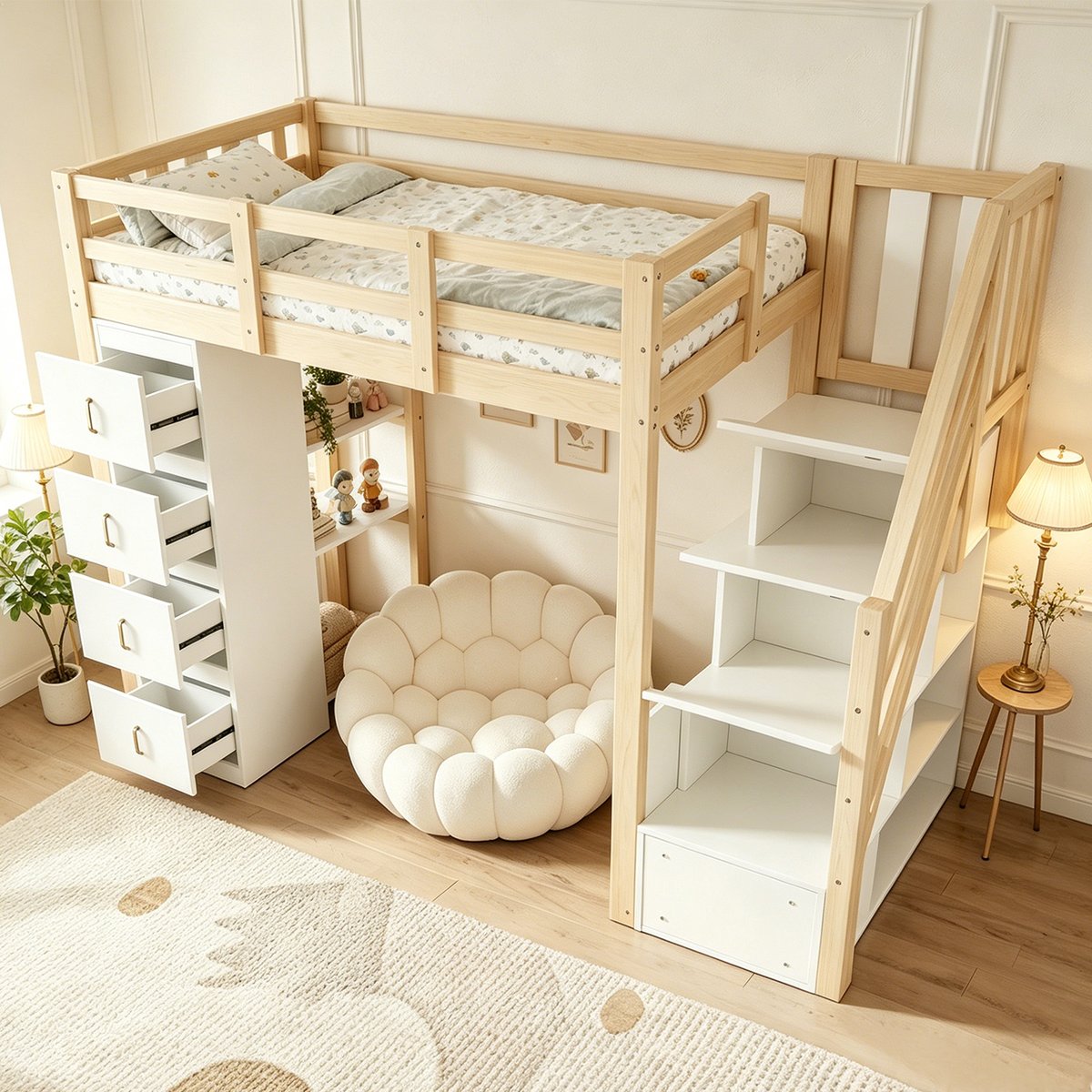Lit mezzanine avec rangement, LOFTCOVEB blanc, MEUBLES COSY