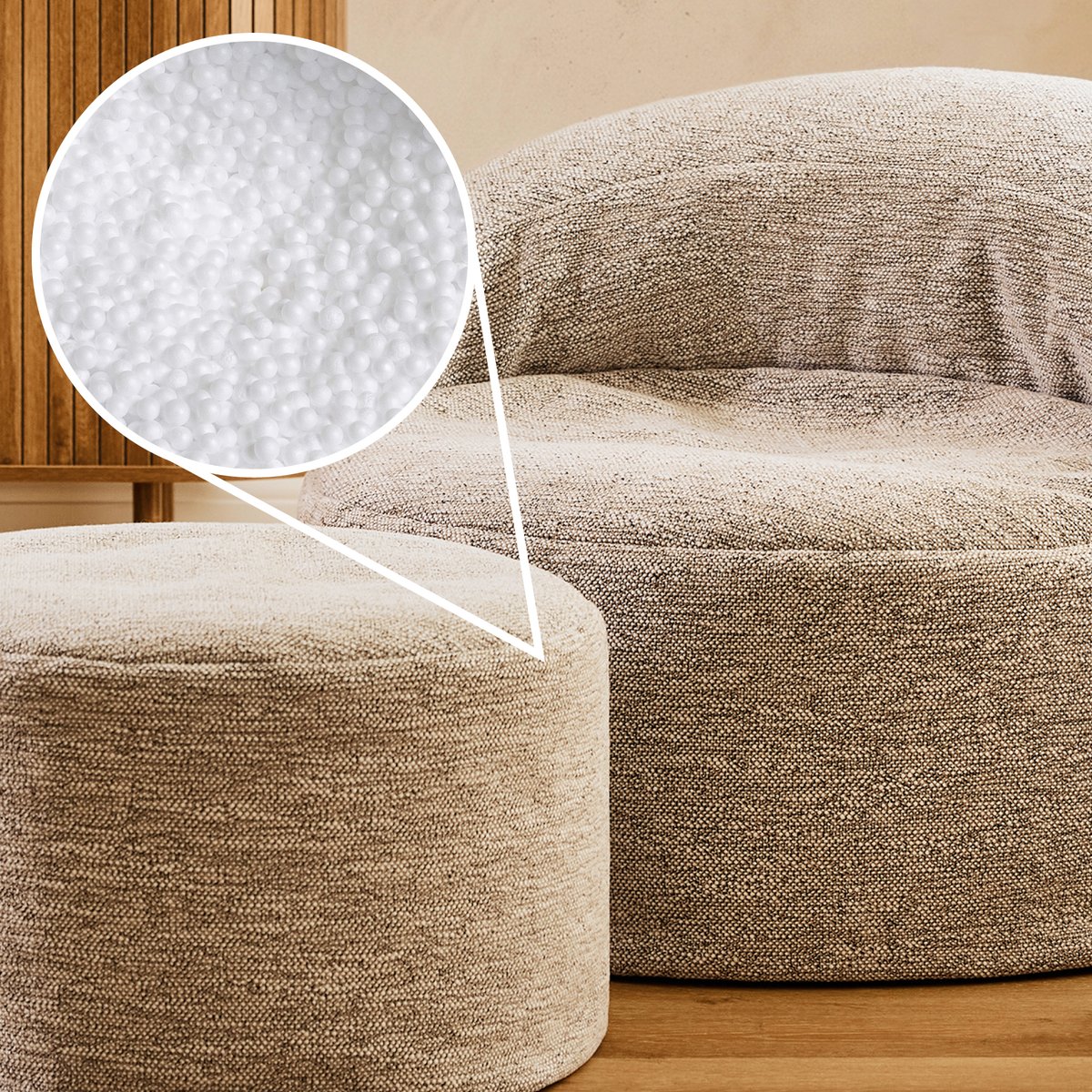 Pouf fauteuil d’appoint décoratif et son repose-pied rond en tissu tissé Oeko-Tex® - ORB naturel beige, ICON