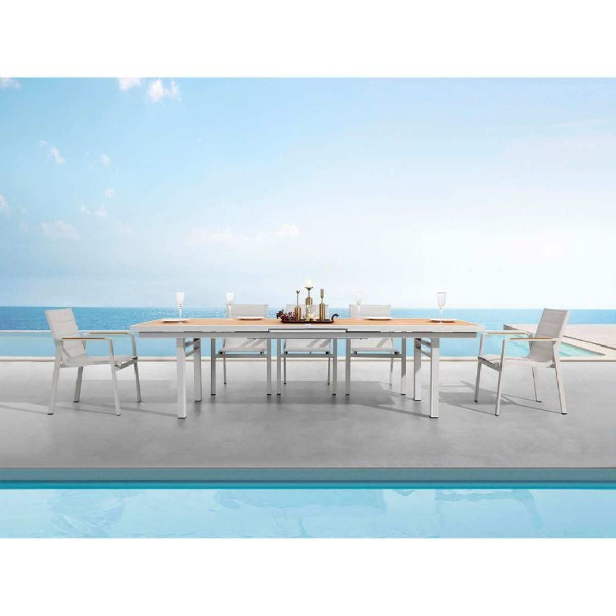 Ensemble repas extensible en aluminium et teck, NOFFY beige, AU JARDIN DE CHLOÉ
