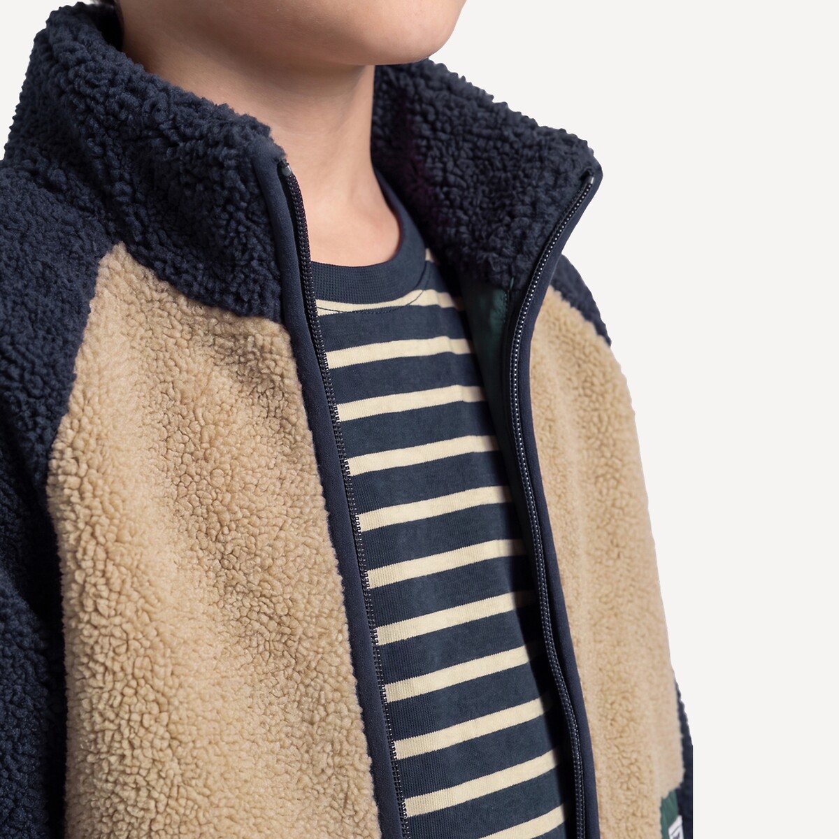 Colour block sherpa high neck zip-up cardigan beige/green, LA REDOUTE COLLECTIONS