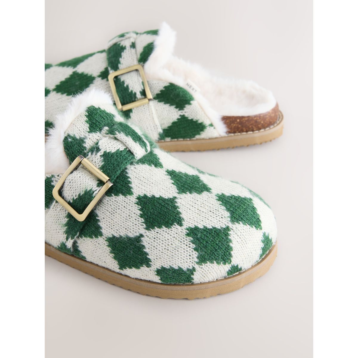 Chaussons à boucle et assise moulée argyle vert, NEXT