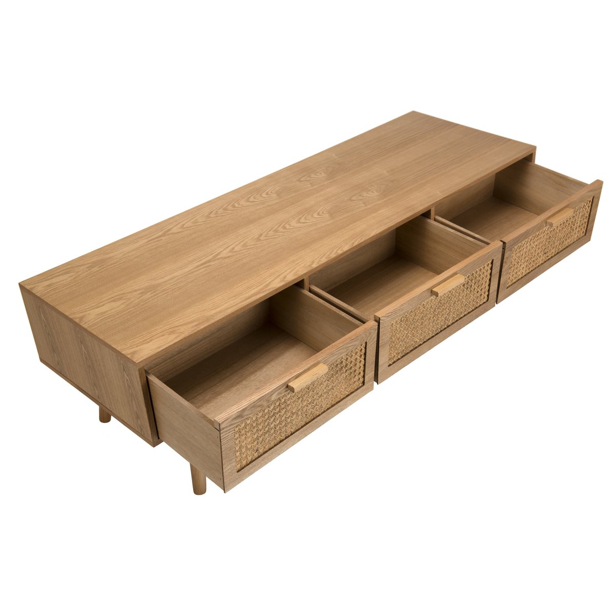 Meuble TV 120cm en bois avec cannage rotin 3 tiroirs style vintage PALMA bois naturel, PIER IMPORT