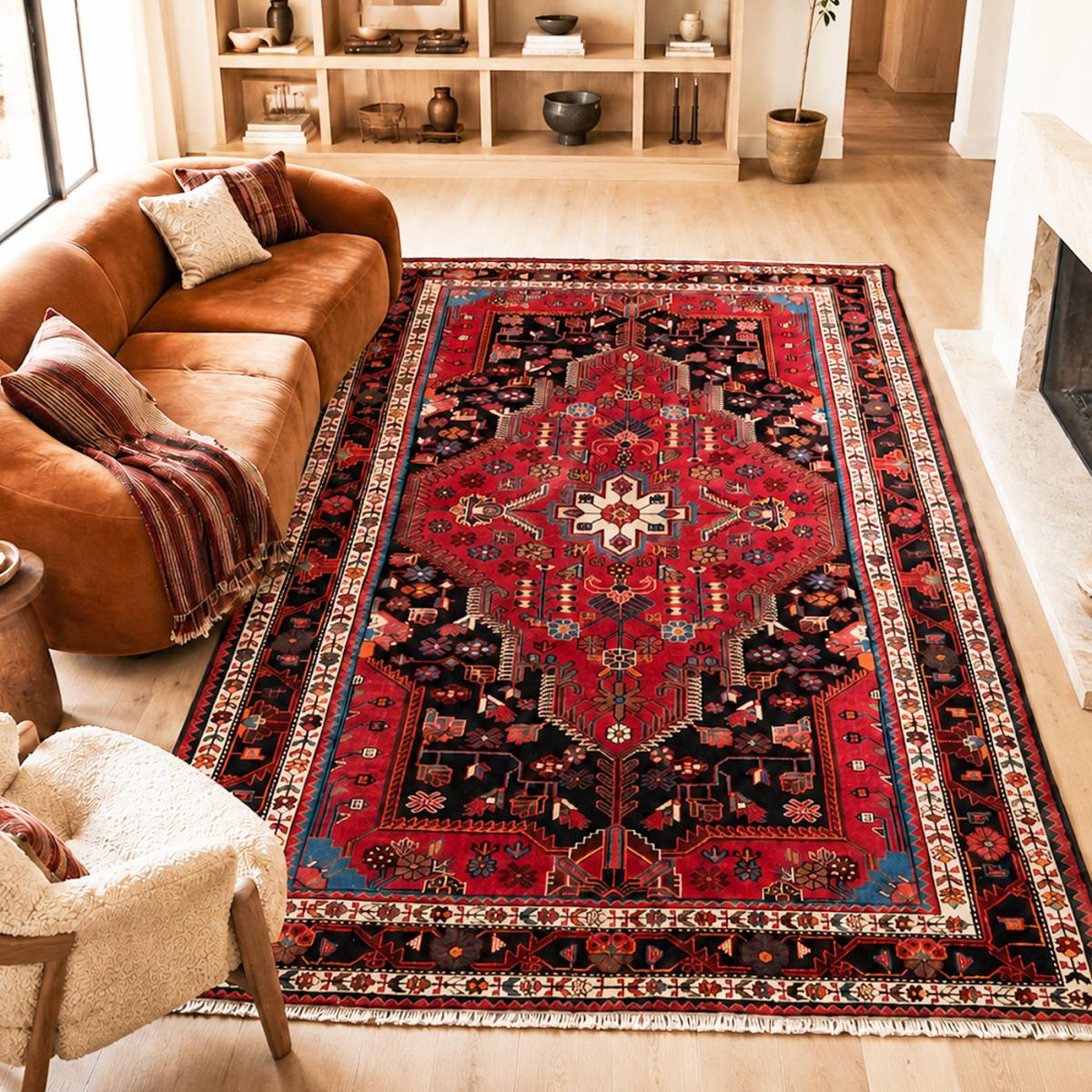 Tapis d'orient, motif oriental, noué main en laine, HAMADAN 28 rouge, bleu, noir, UN AMOUR DE TAPIS