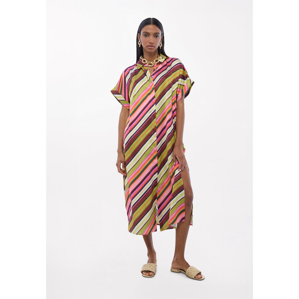 Robe chemise en satin à rayures diagonales multicolores ecru, LOLA CASADEMUNT