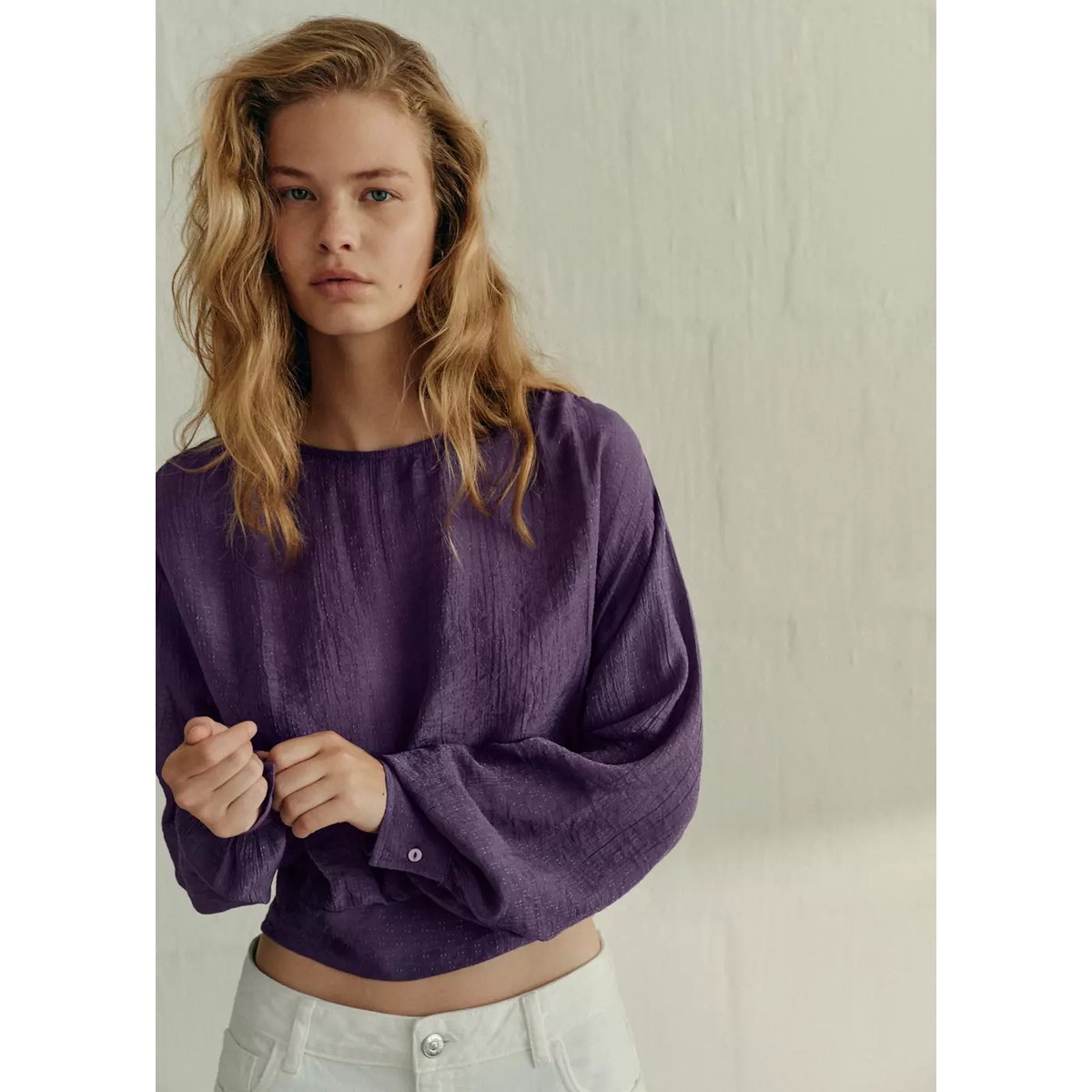 Blouse crop avec détail smocké nid d’abeille lilas, MANGO TEEN