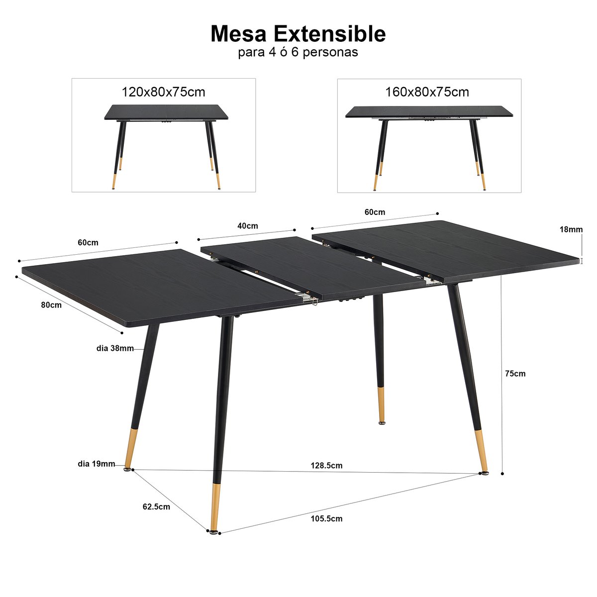 Table à manger extensible à allonge papillon intégrée, WHALEN noir, MEUBLES COSY