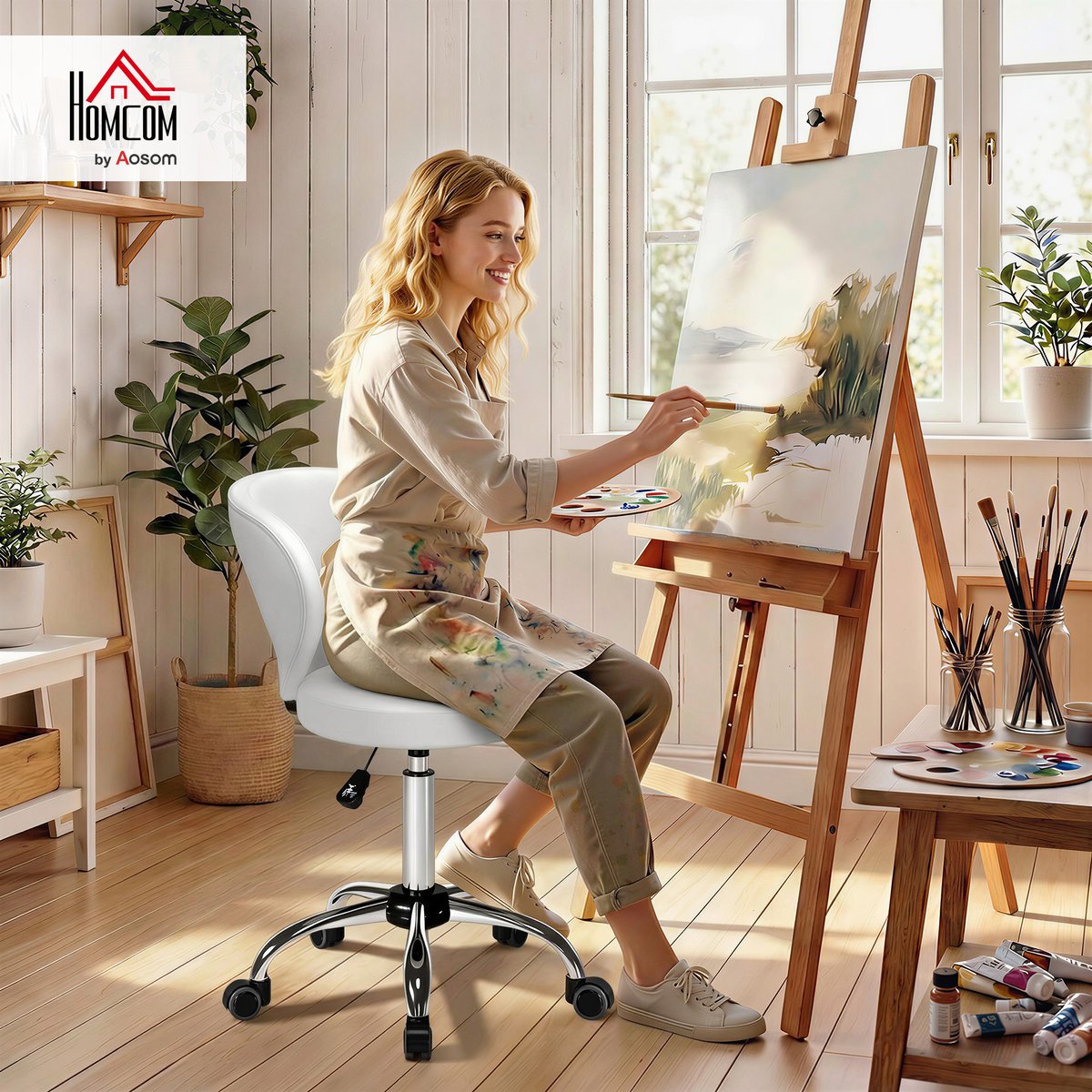 Tabouret de salon PU Blanc blanc, HOMCOM