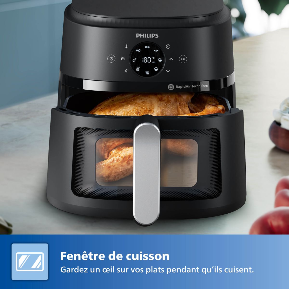 Friteuse sans huile NA231/00 Friteuse sans huile avec fenêtre de cuisson Noir/Argent, Série 2000 6.2L couleur unique, PHILIPS