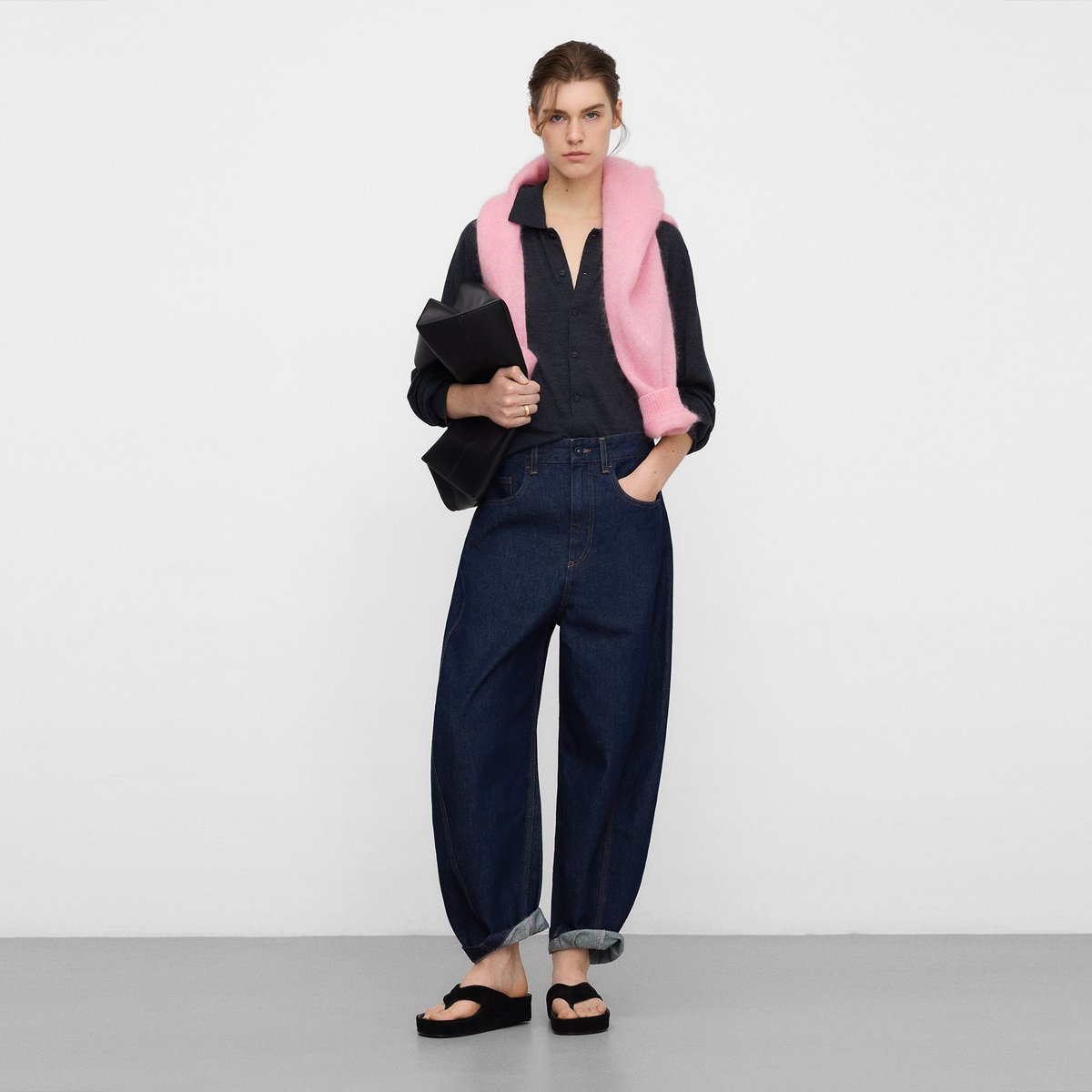 Pantalon coupe barrel en denim de coton bleu marine, ADOLFO DOMINGUEZ