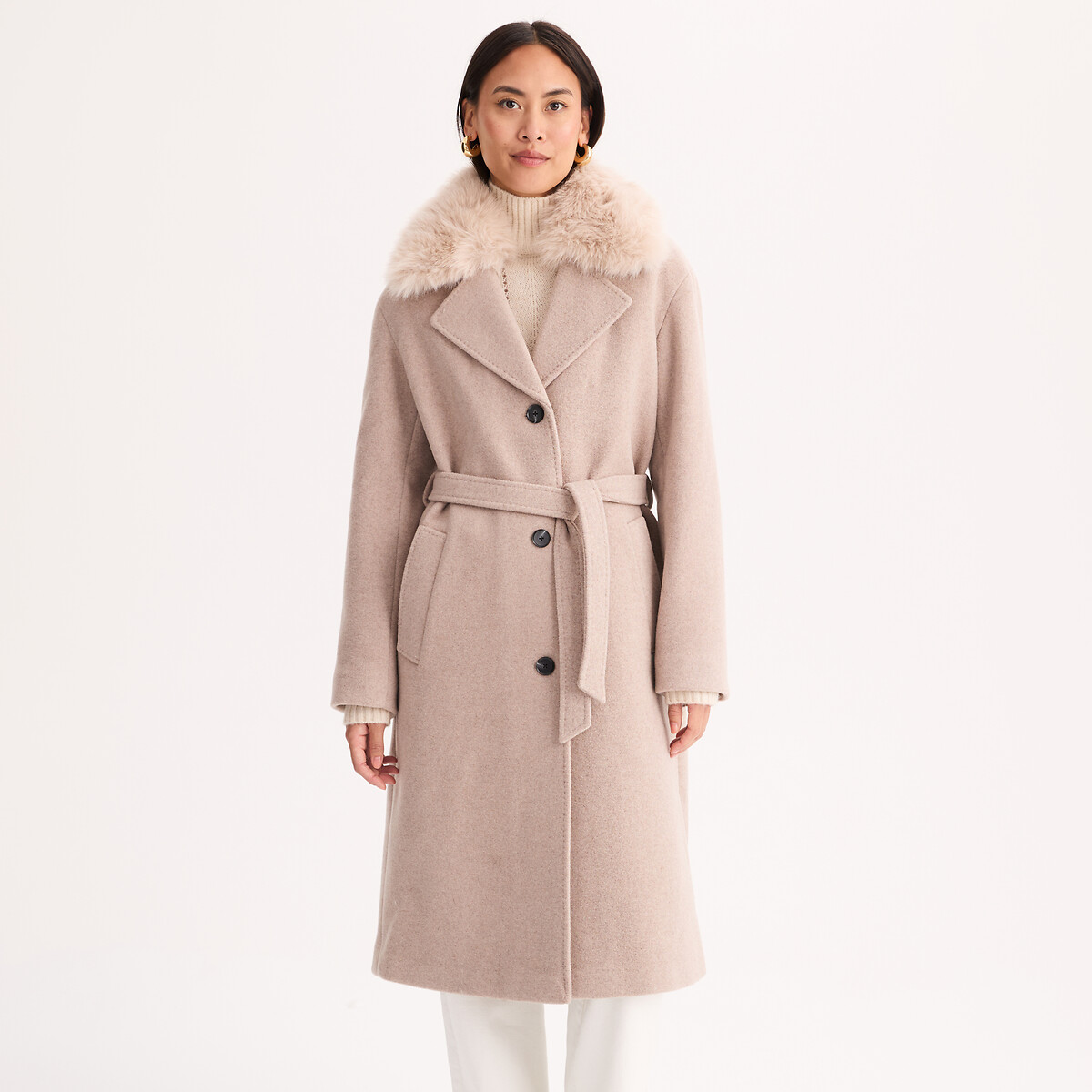 Cappotto in misto lana, con collo morbido e rimovibile beige chiné, ANNE WEYBURN