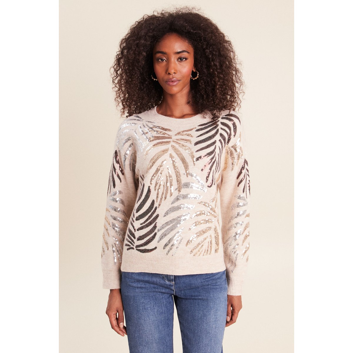 Pull col rond à sequins couleur or, BREAL