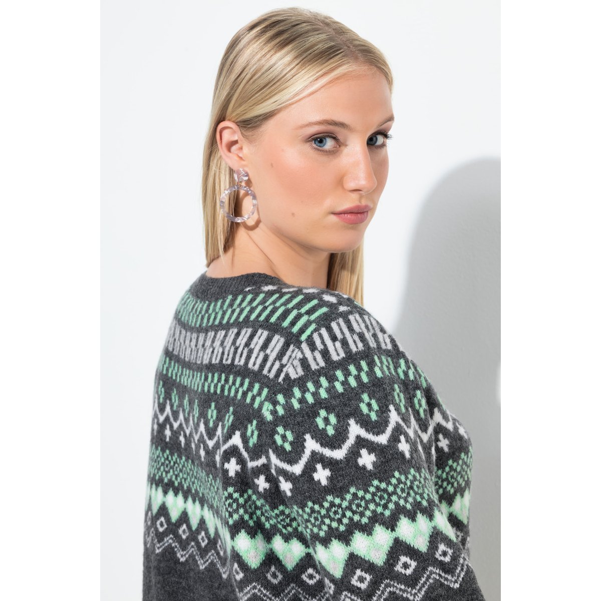 Pull norvégien à col rond et manches longues chiné gris foncé, ULLA POPKEN