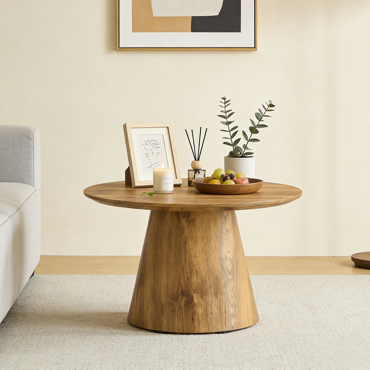 Table basse effet bois ronde scandinave, CONEA medium oak, MEUBLES COSY