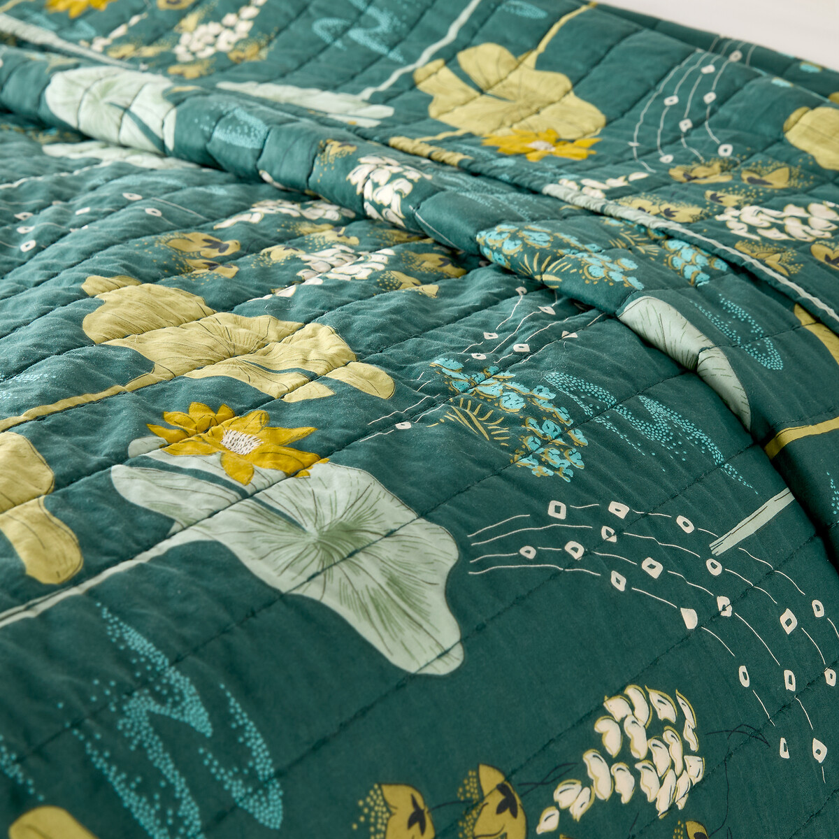 Couvre-lit boutis matelassé kantha, voile de coton, SONG imprimé fond vert, LA REDOUTE INTERIEURS