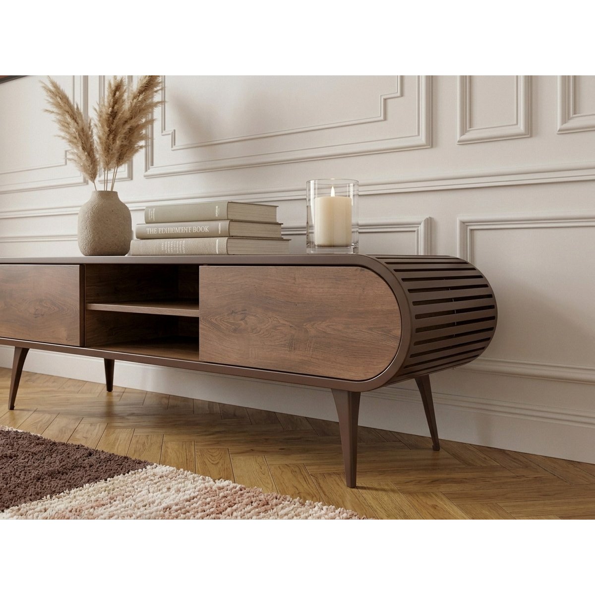 Meuble TV 180 cm mélaminé, BILLIE marron clair, BOBOCHIC